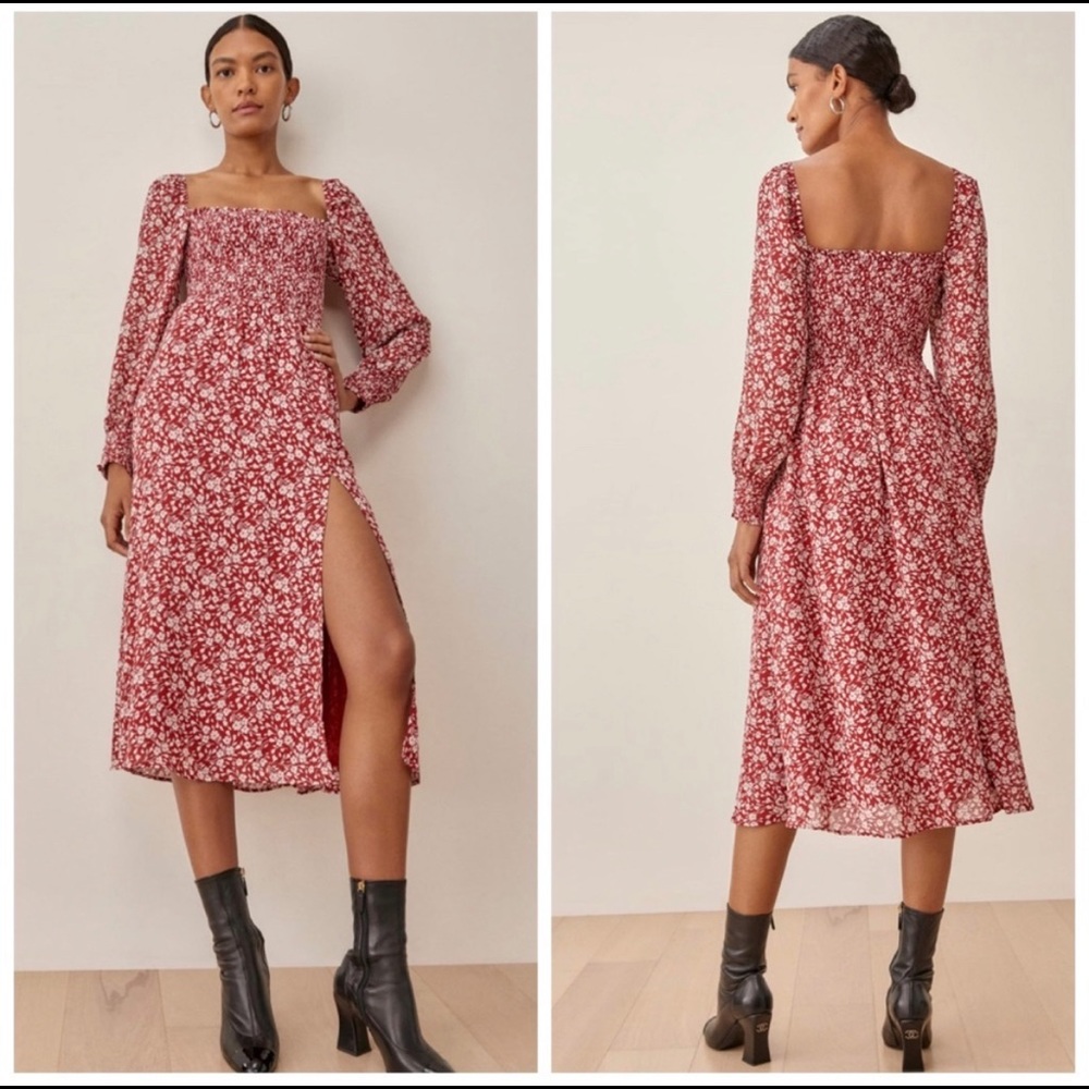 Reformation Cello Floral Puff Sleeve Smocked Midi Dress In Flower Girl NWT